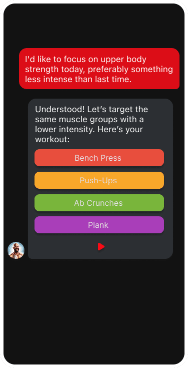 FitBot app interface showing AI-powered fitness chat and workout planning