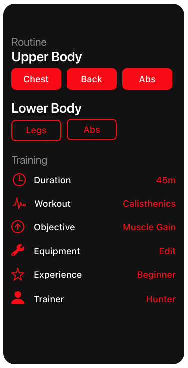 FitBot settings interface with customizable fitness preferences